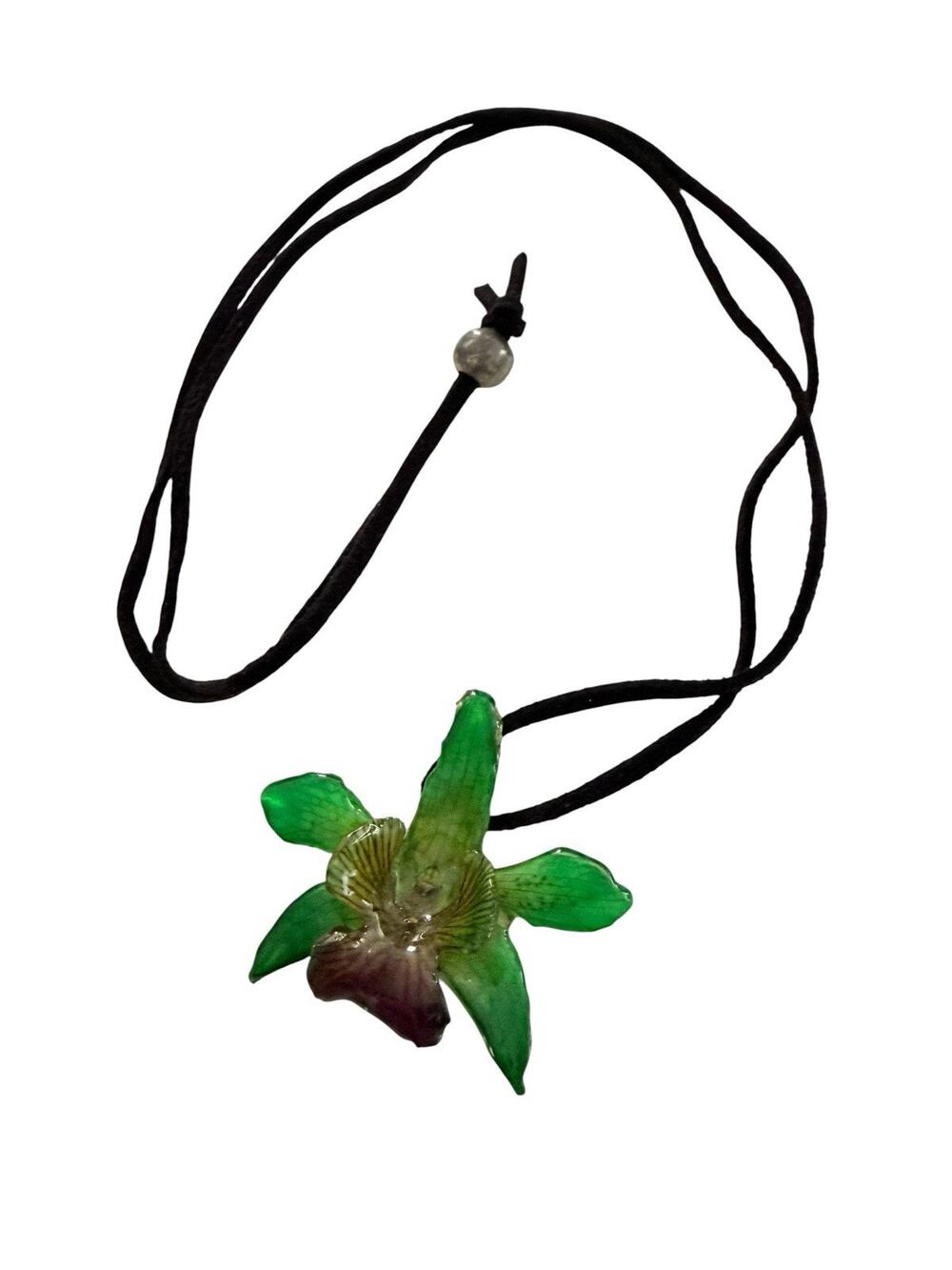 Real Orchid Resin Plastic Dip Flower Necklace Green Purple Suede Cord Adjustable